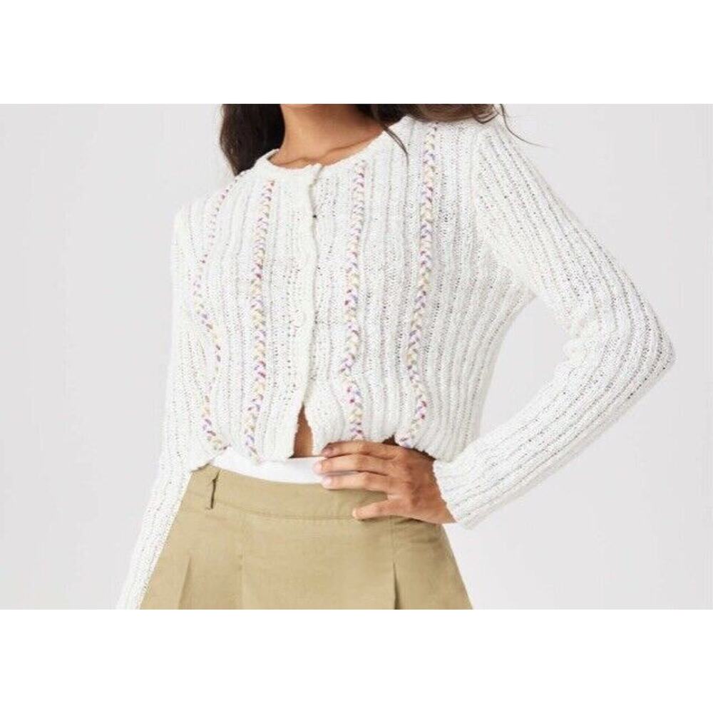 New Cider Sweater Womens Small White Knit Cardigan Cropped Long Sleeve